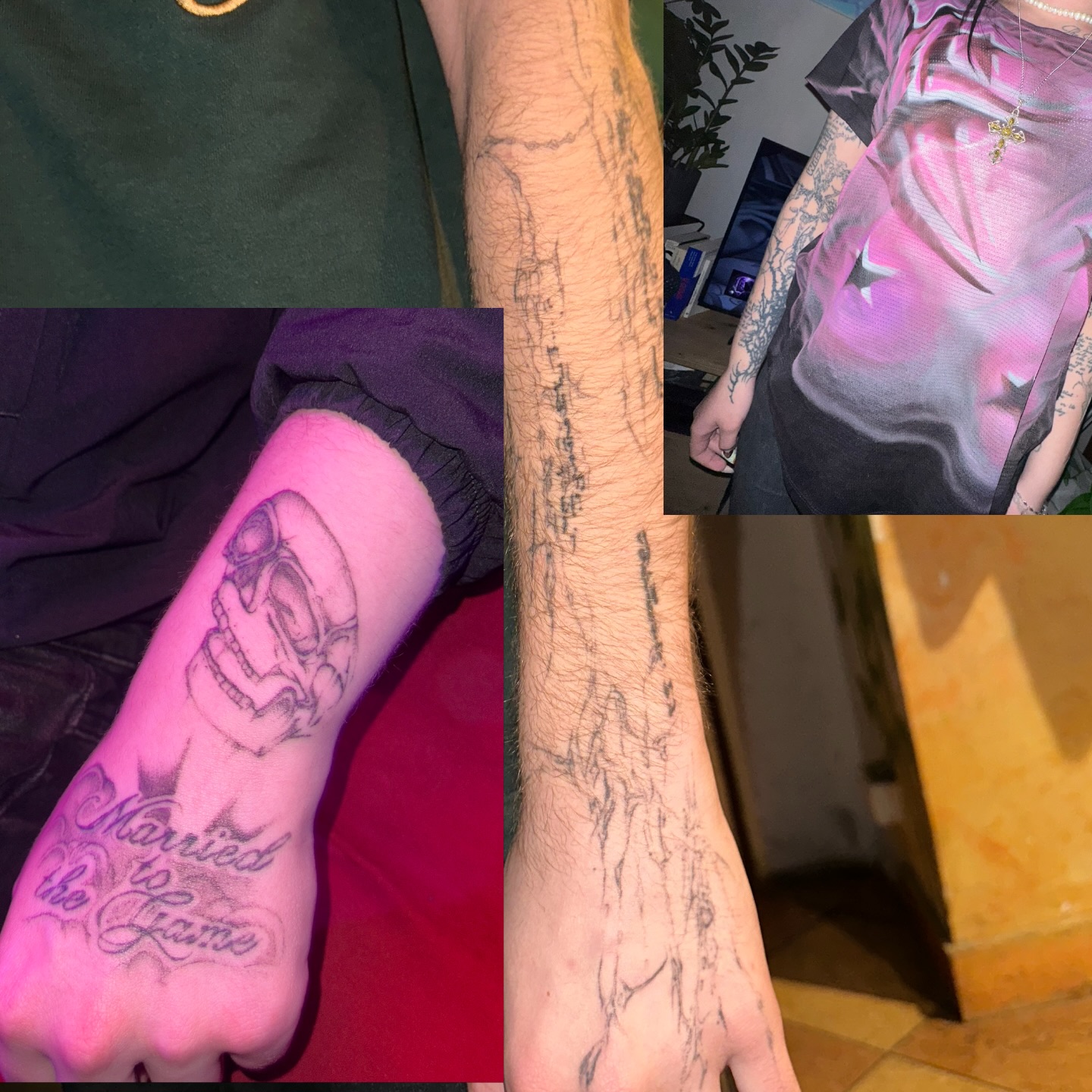 Skull hand with Married to the Flame lettering and arm linework